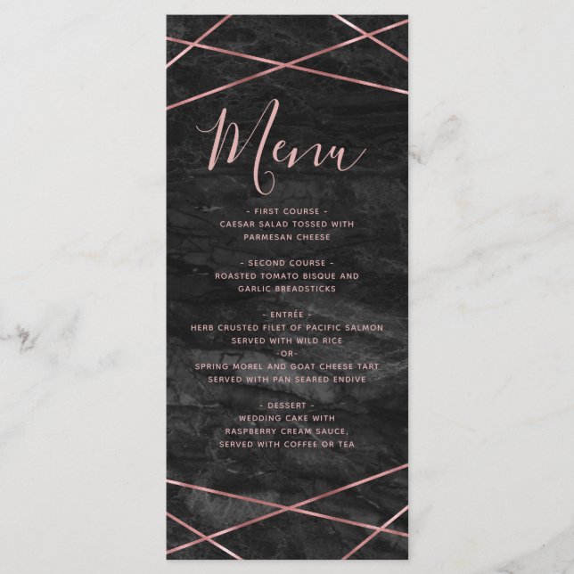 Black Marble Rose Gold Line Geometric Wedding Menu (Front)