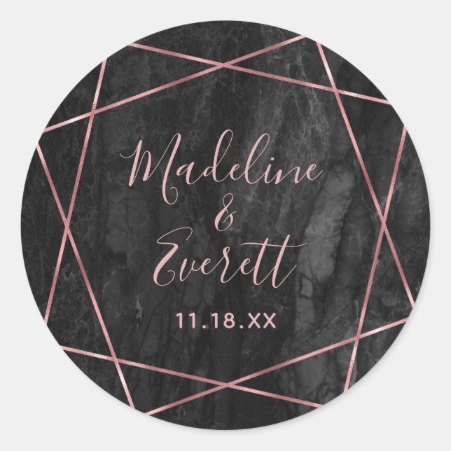 Black Marble Rose Gold Lines Geo Monogram Wedding Classic Round Sticker (Front)