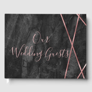 Black Marble Rose Gold Lines Geo Wedding Monogram Guest Book