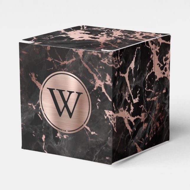 Black Marble Rose Gold Monogram Favour Box (Front Side)