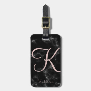 Black Marble Rose Gold Monogrammed Initial Luggage Tag