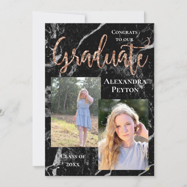 Black Marble Rose Gold Script Photo Graduation Invitation (Front)