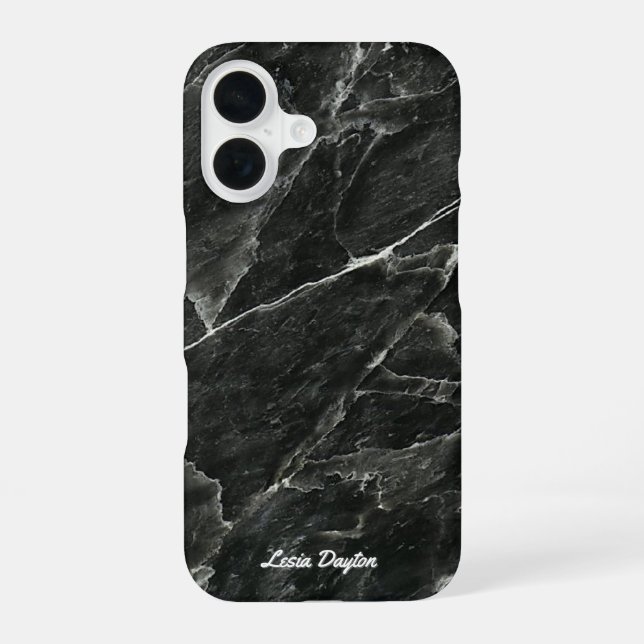 Black Marble Script Name iPhone 16 Case (Back)