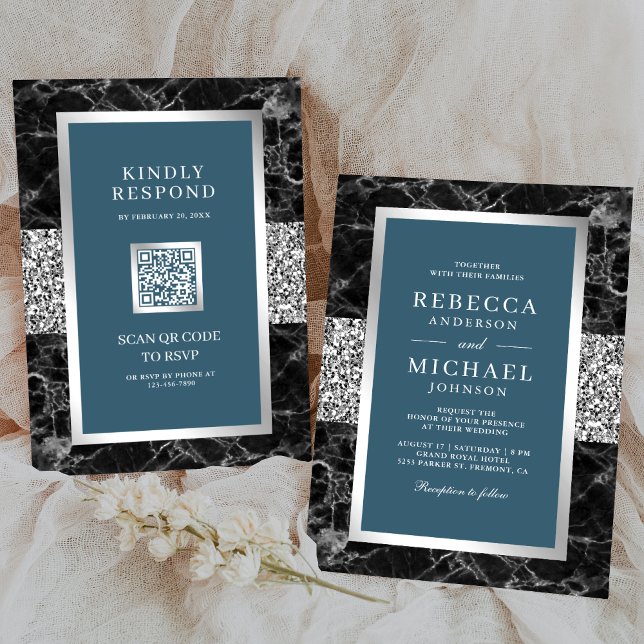 Black Marble Silver Dusty Blue QR Code Wedding Invitation (Creator Uploaded)