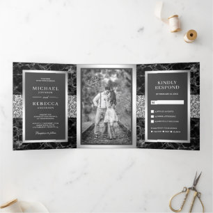 Black Marble Silver Glitter Dark Grey Wedding Tri-Fold Invitation