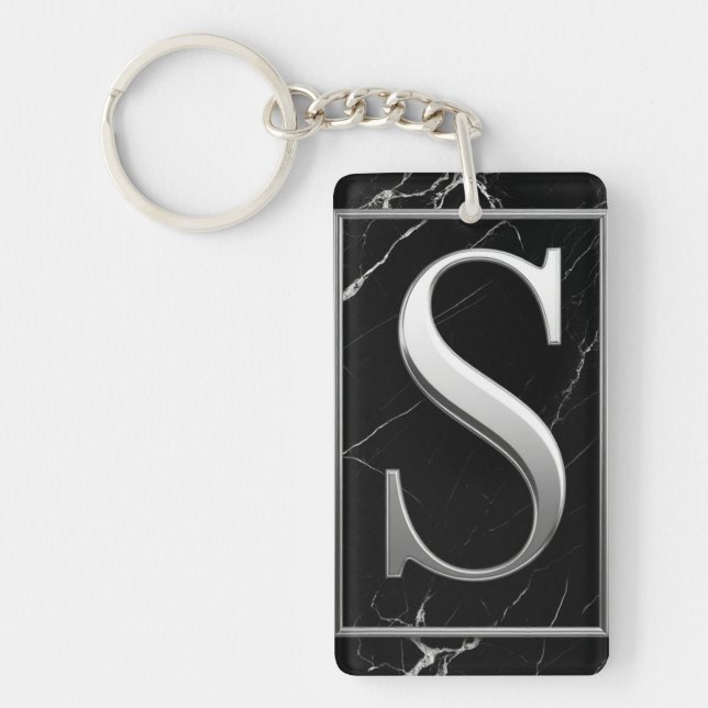 ⚜️ Black Marble Silver S Monogram Frame 🔑 Key Ring (Front)