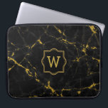 Black Marble Stone Gold Glitter Laptop Sleeve<br><div class="desc">Elegant image of black marble stone texture print with gold glitter accents. Customisable monogram.</div>
