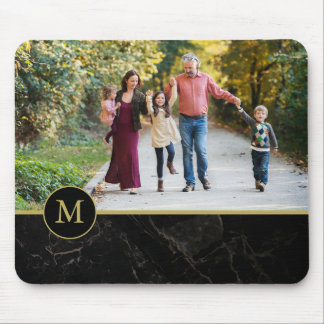 Black Marble Tan Monogram Family Photo Mouse Mat