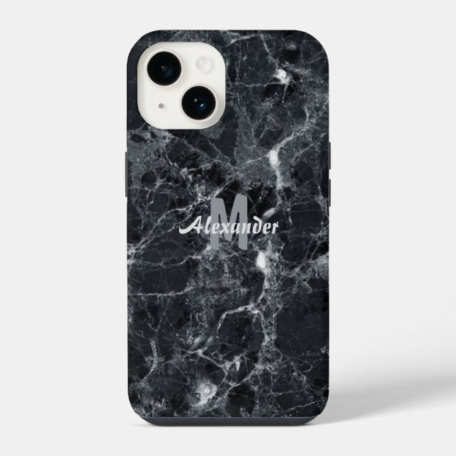 Black Marble Texture Monogram Name iPhone Case (Back)