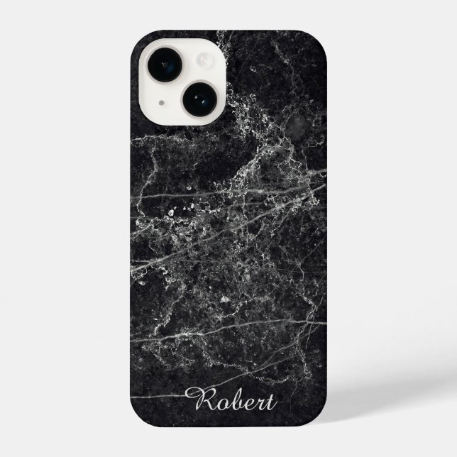 Black Marble Texture Monogram Name iPhone Case (Back)