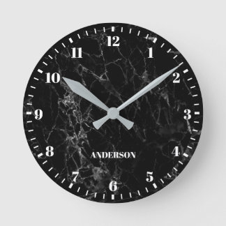 Black Marble White Custom Name Classic Numbers Round Clock