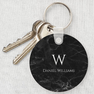 Black Marble White Monogram Initial & Name Elegant Key Ring