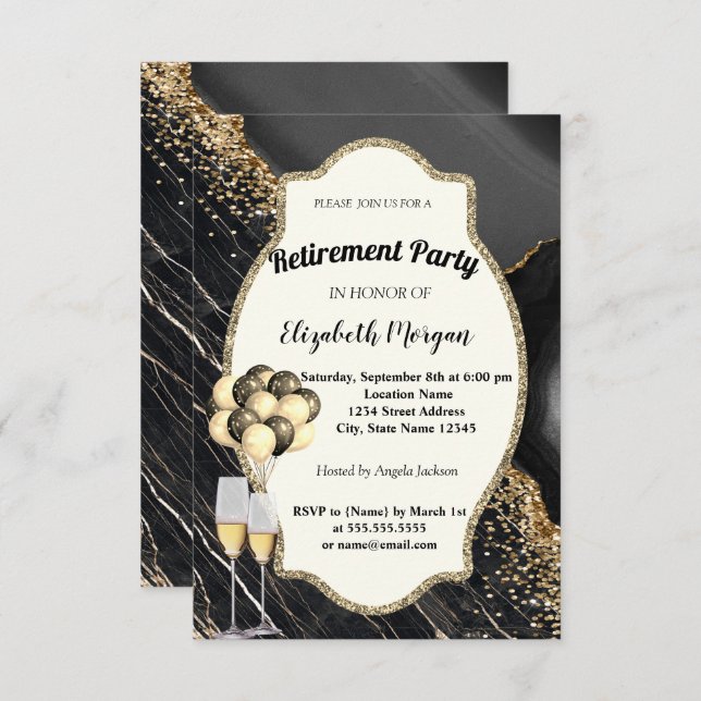 Black Marble,Wine Glass,Balloons, Retirement  Invitation (Front/Back)