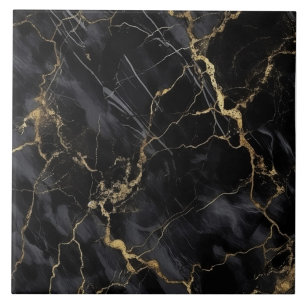 Black Marble with Fine Grey and Gold Veins Tile