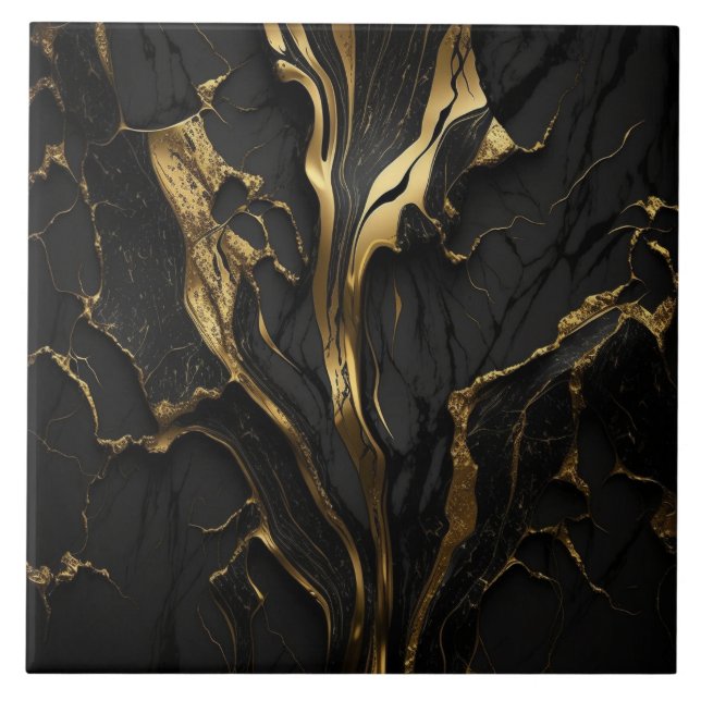 Black Marble with Flowing Gold Ribbons Tile (Front)