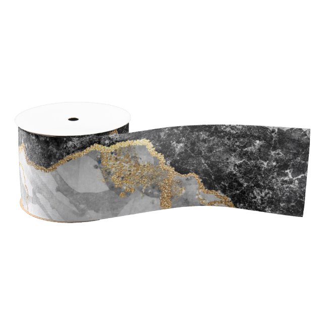Black Marble with Gold Pretty Grosgrain Ribbon (Spool)