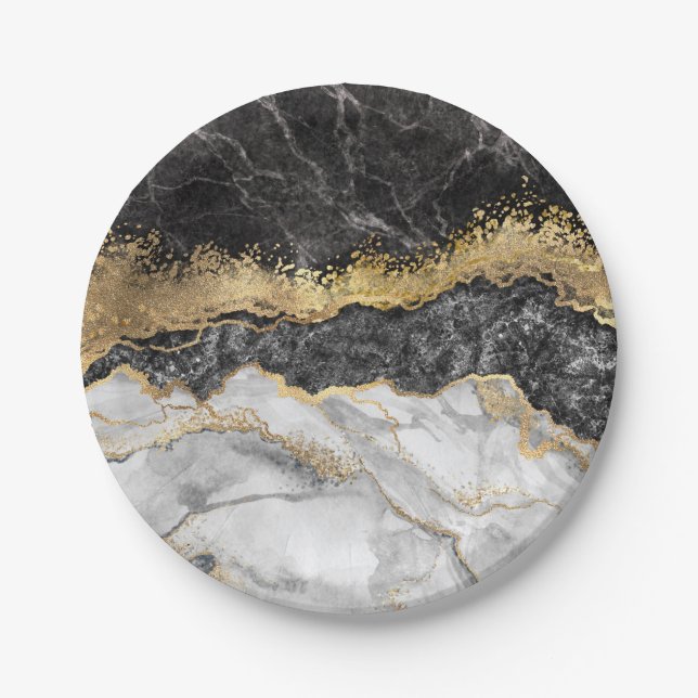 Black Marble with Gold Pretty Paper Plate (Front)