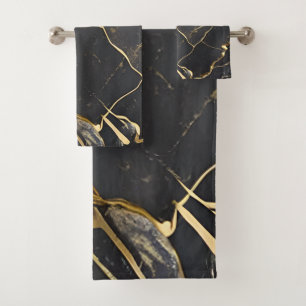 Black Marble with Gold Veins and Strips Bath Towel