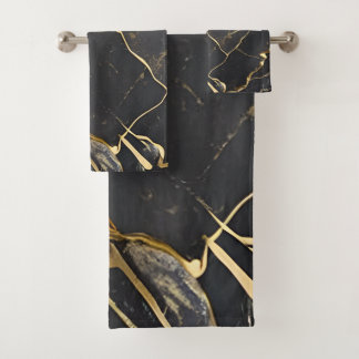 Black Marble with Gold Veins and Strips Bath Towel