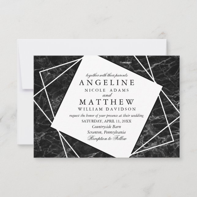 Black Marble with White Geometric Wedding Invite (Front)