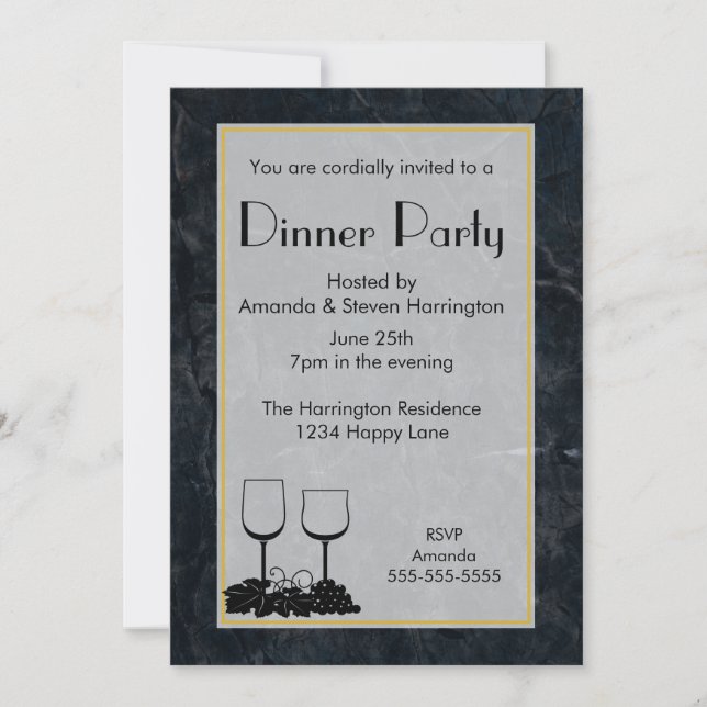 Black Marbled Stone Texture  Dinner Party Invitation (Front)