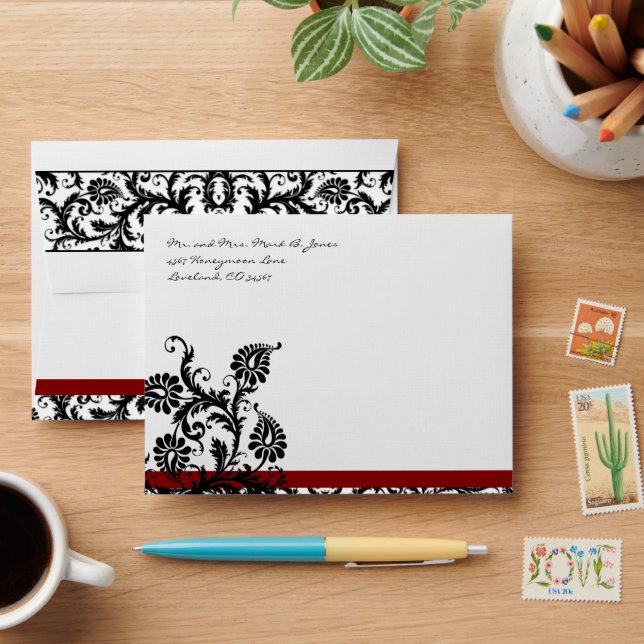 Black Maroon Damask Wedding Envelopes Black Inside (Desk)