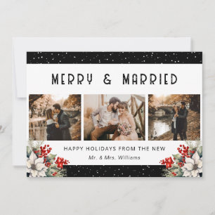 Black Married Newlywed Snow Botanical Photo Holiday Card
