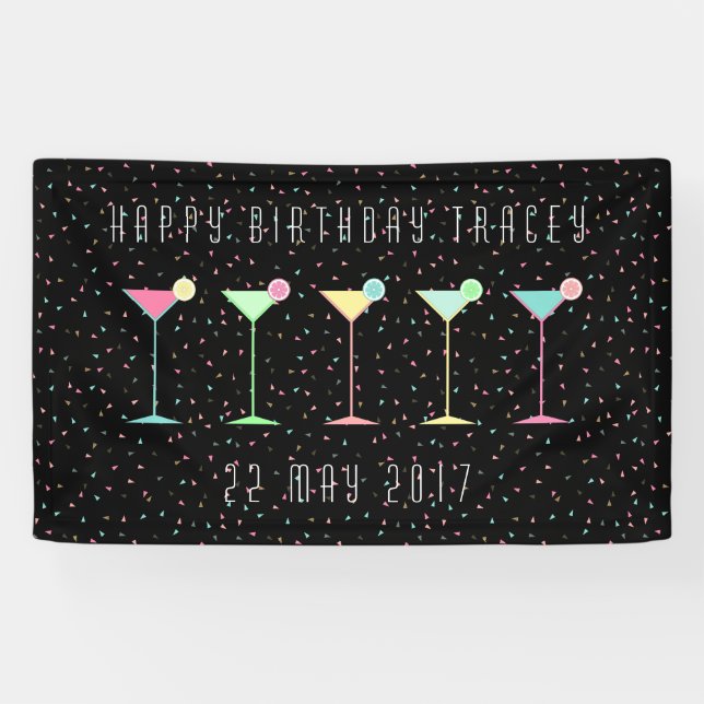 Black Martini Cocktail Happy Birthday Confetti Banner (Horizontal)