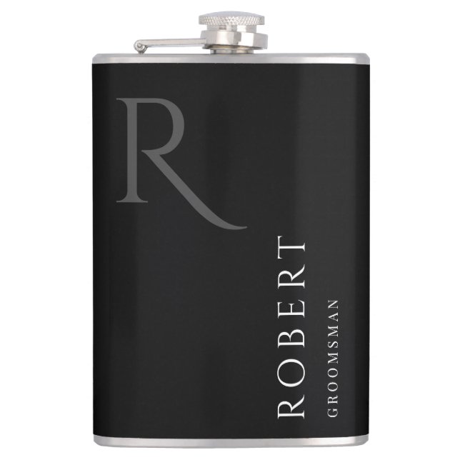 Black Masculine Monogram Groomsmen Gift Hip Flask (Front)