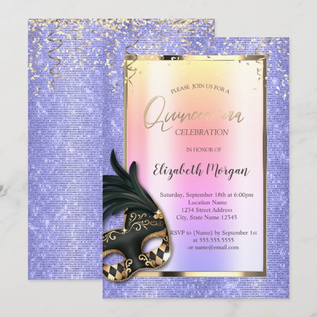 Black Masque Masquerade Lavander Quinceañera Invitation (Front/Back)