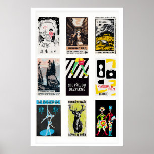 Black Matchbox Labels Grid Print, Vintage Ephemera Poster