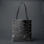 Black Math Teacher Mathematics Equations Pattern Tote Bag<br><div class="desc">Great tote bag for math students and math teachers. The background is black and the math equations and graphics are made in white so it looks like chalk. Illustrated and designed by Patricia Alvarez.</div>