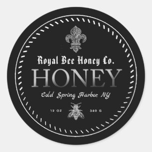 Black Mediaeval Fleur Des Lis Honey Label with Bee