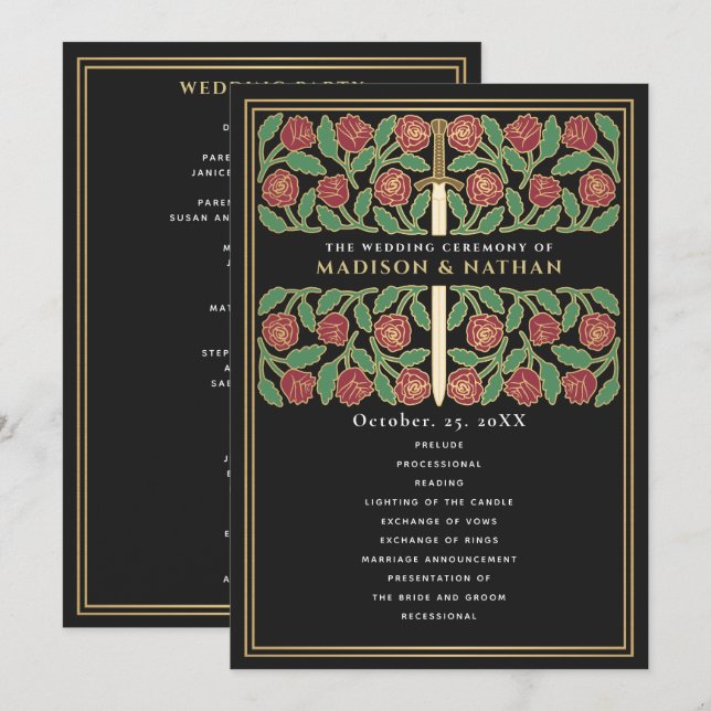 Black Mediaeval Gold Floral Sword Royal Wedding Programme (Front/Back)