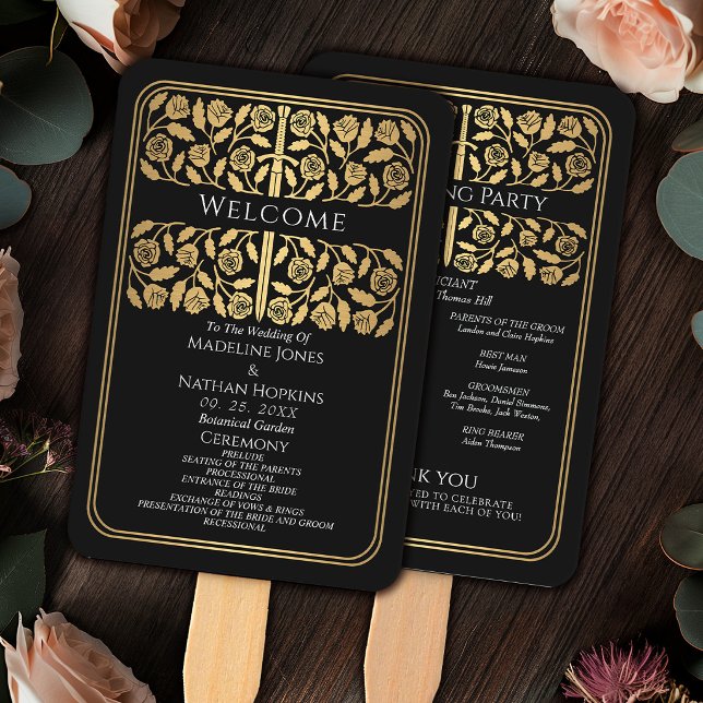 Black Mediaeval Gold Sword Royal Wedding Program Hand Fan (Creator Uploaded)