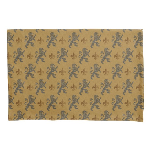 Black Mediaeval Lions Fleurs Pillowcase (Front)