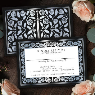 Black Mediaeval Silver Sword Royal Wedding RSVP Card