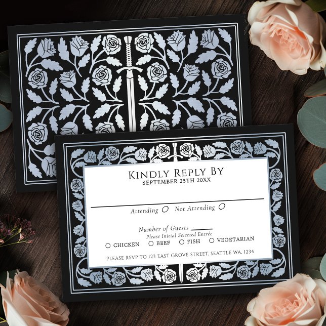 Black Mediaeval Silver Sword Royal Wedding RSVP Card (Creator Uploaded)