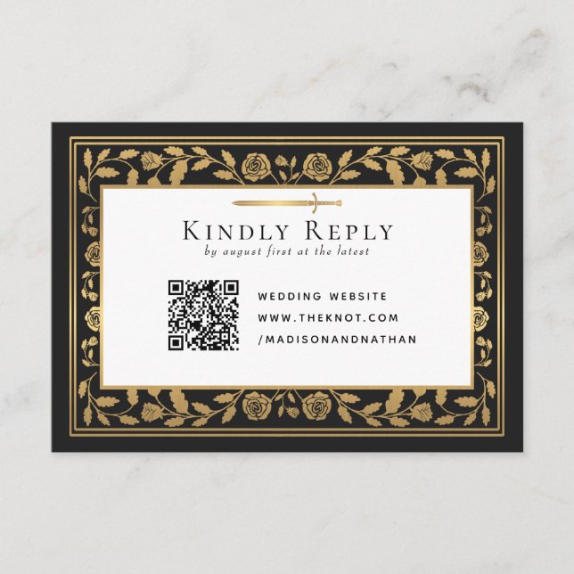 Black Mediaeval Sword Wedding RSVP QR Code Enclosure Card (Front)