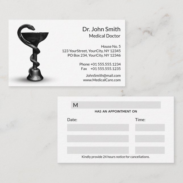 Black Medical Bowl Snake Hygieia White Caduceus Appointment Card (Front/Back)