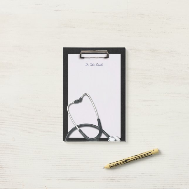 Black Medical Clipboard with Stethoscope Post-it Notes (On Desk)