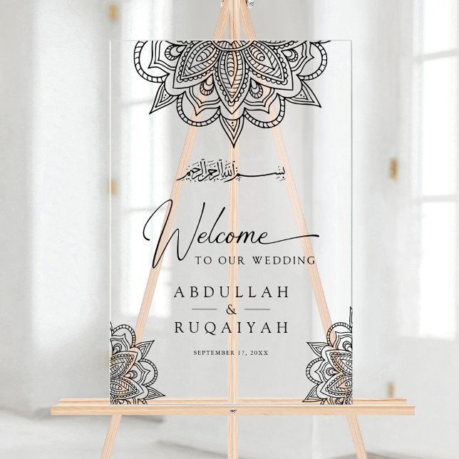 Black Mehndi Muslim Wedding Welcome Acrylic Sign (Creator Uploaded)