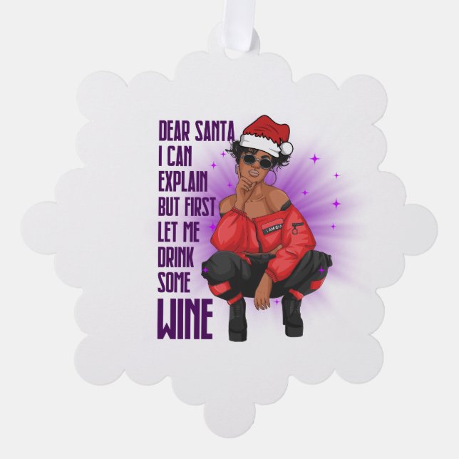 Black melanin naughty sista wine lover Christmas+ Tree Decoration Card (Front)