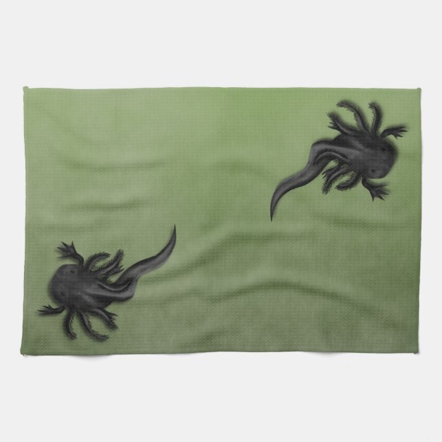 Black Melanoid Axolotl Art Tea Towel (Horizontal)