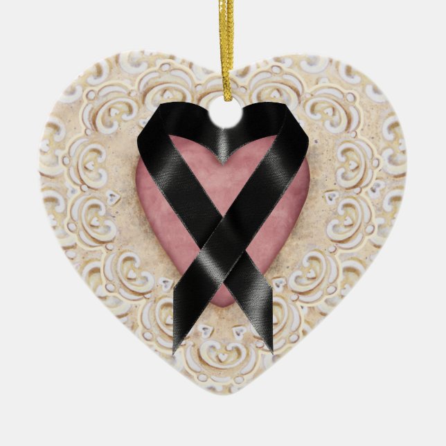 Black Melanoma Ribbon From the Heart - SRF Ceramic Tree Decoration (Front)