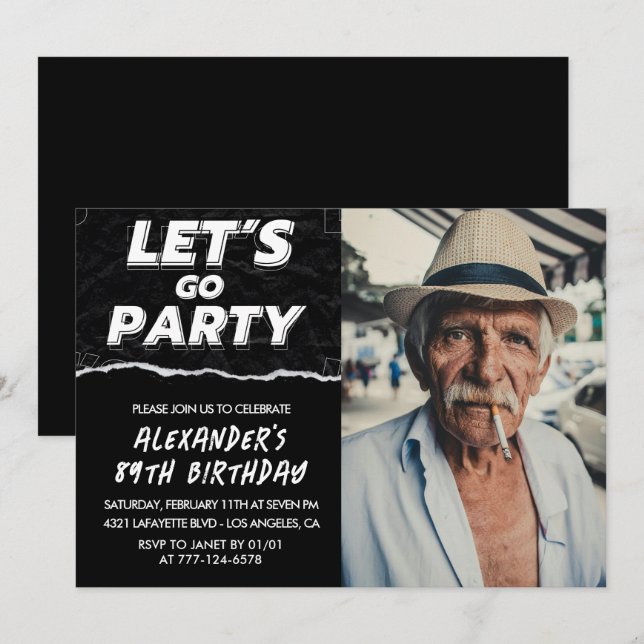 Black Men Photo LET'S GO PARTY 89th birthday  Invitation (Front/Back)