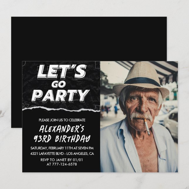 Black Men Photo LET'S GO PARTY 93rd birthday  Invitation (Front/Back)