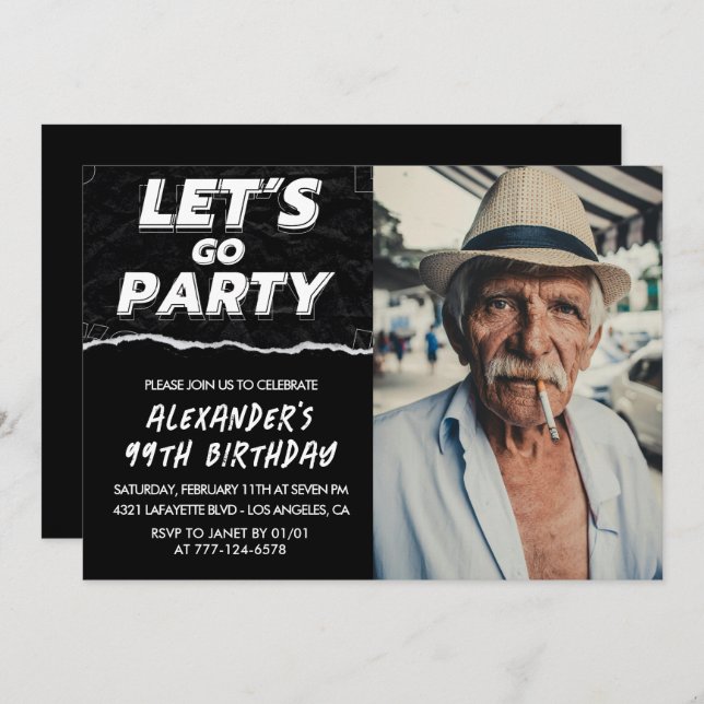 Black Men Photo LET'S GO PARTY 99th birthday  Invitation (Front/Back)