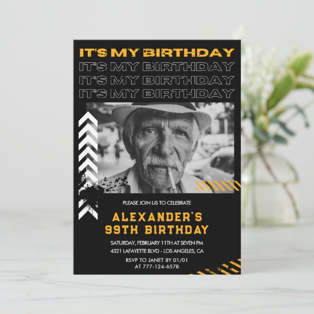 Black Men Photo Spray paint 99th birthday Invitation (Standing Front)
