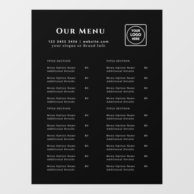 Black Menu | Personalised Cafe & Restaurant logo Window Cling (Sheet)